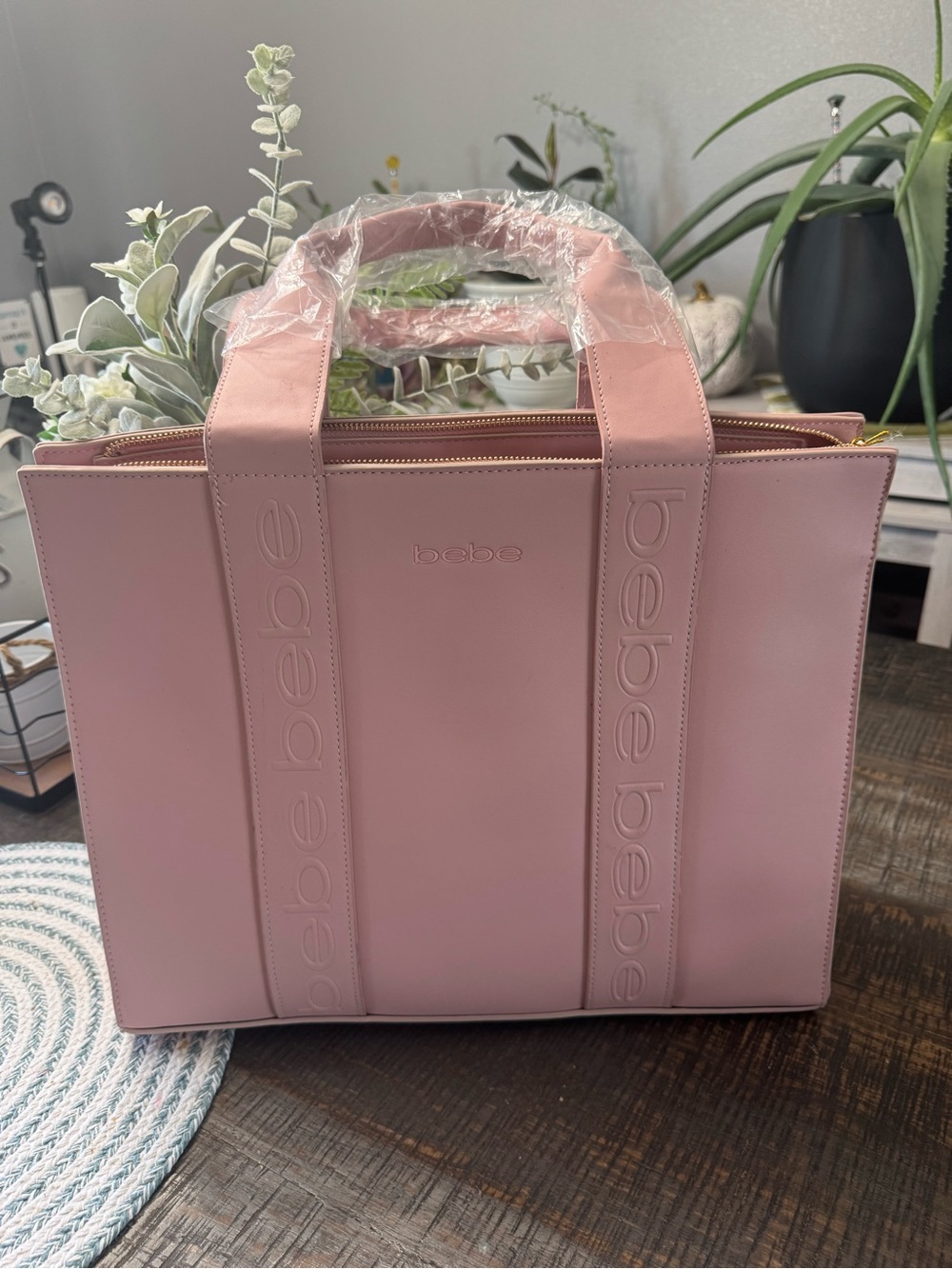bebe Blush Pink Structured Tote with Embossed Logo